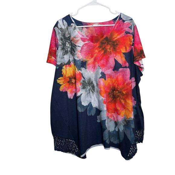 Time & True Blouse Women's 2X Multicolor Rhinestone Short Sleeve Floral Top - Picture 1 of 10